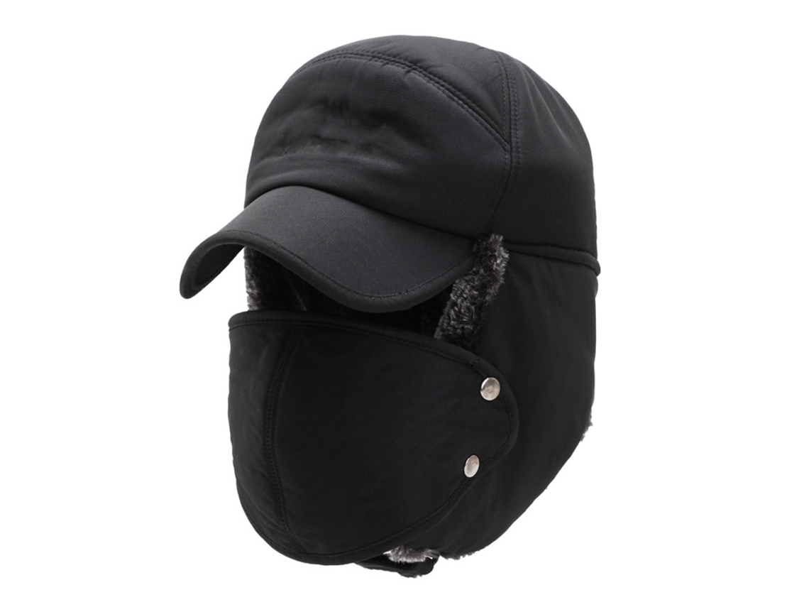 Gorro de couro quente Bj-Warm com proteção facial e para orelhas, unissex, ideal para trekking e esqui, preto.