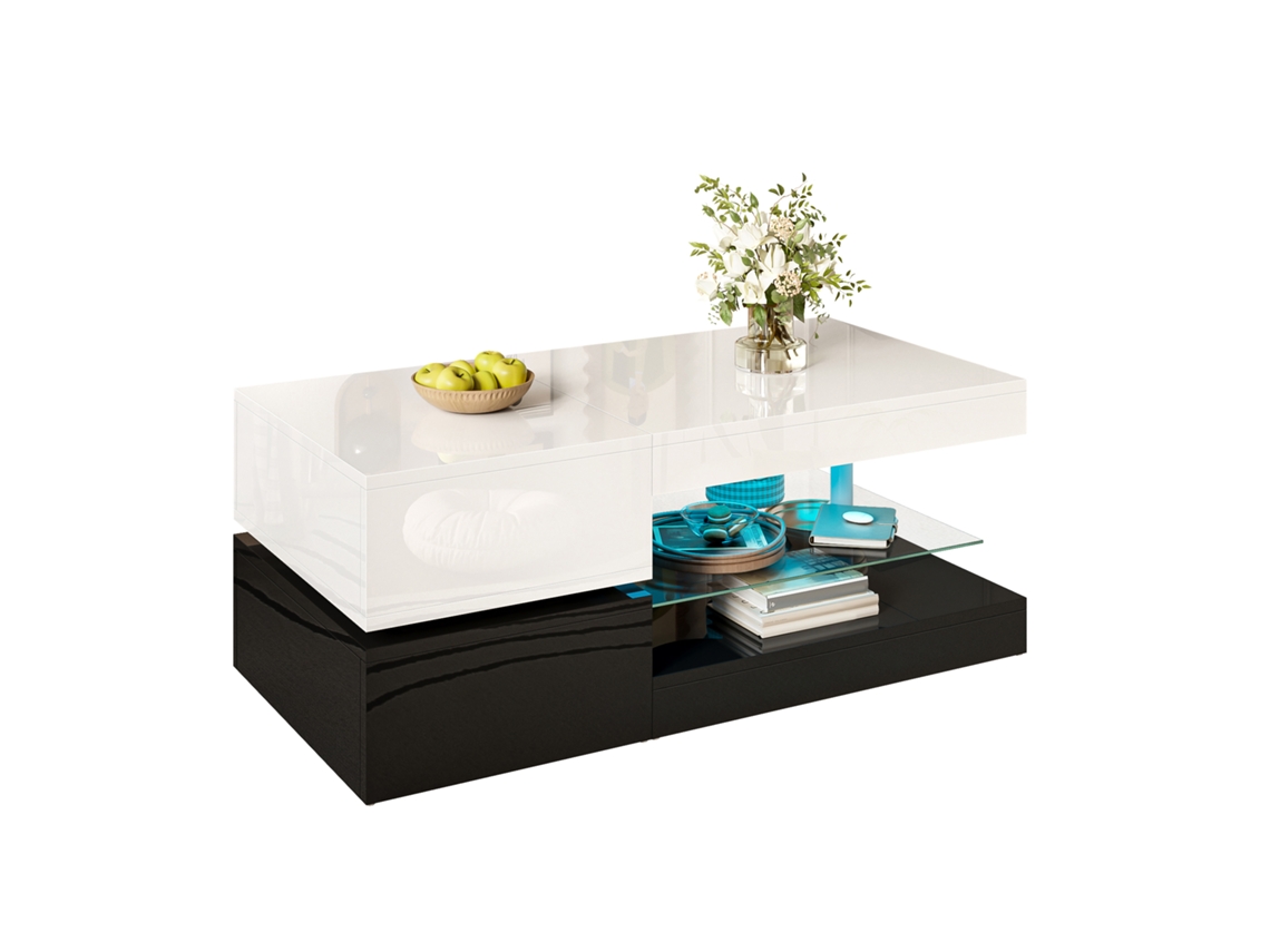 Mesa Centro Led App Bluetooth Cristal Estante Blanco Negro 90x45x35.5 Salón Moderno