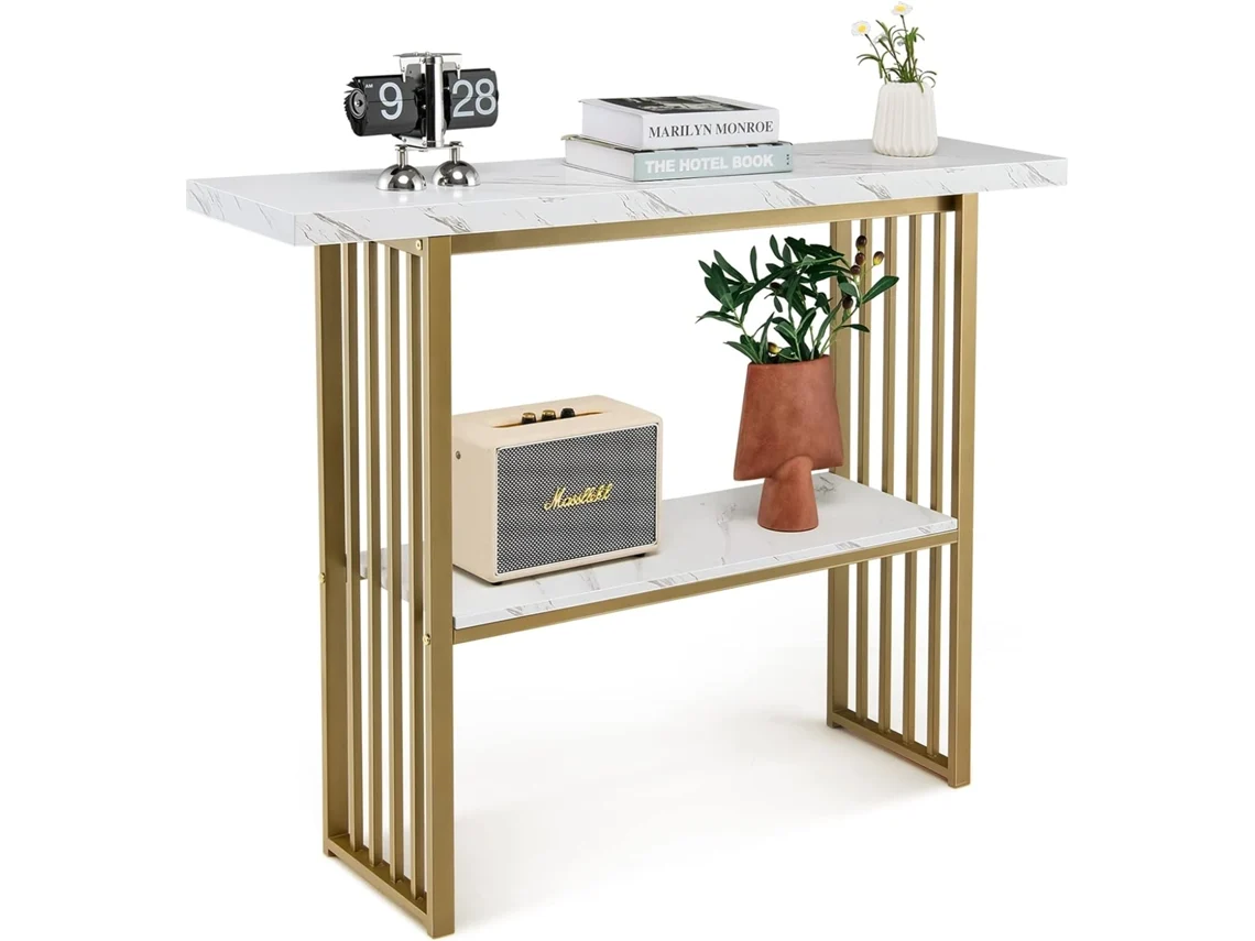 Mesa de Consola de 2 Niveles, Consola Recibidor de 120 cm de Mármol de Imitación Blanco con Estante Abierto, Mesa de Entrada Moderna COSTWAY