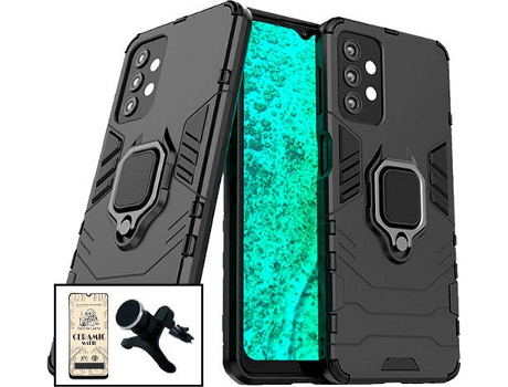 Kit Cristal Templado CeramicGlass Full Cover, Funda 3x1 Miltary Defender y Soporte Magnético de Coche Reforzado Samsung Galaxy A32 4G PHONECARE Negro