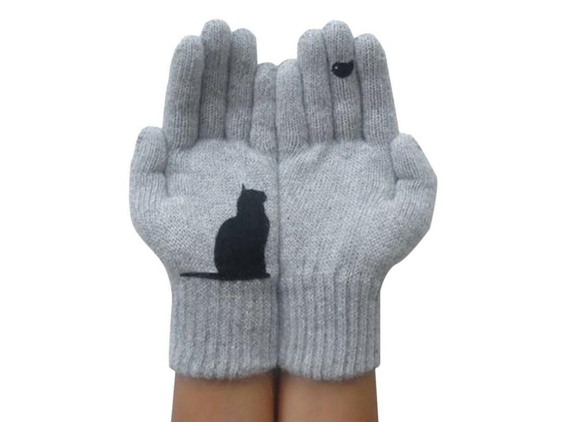 2026-guantes De Invierno Para Amantes De Gatos, Estampado De Gato Y Pájaro Rosado Cute Qlh, Talla Única Gris