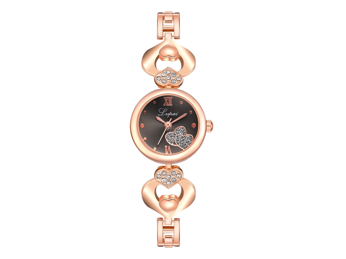 Reloj De Mujer Lvpai, Brazalete De Aleación, Movimiento De Cuarzo, Diseño De Corazón Hueco Con Piedras Negras Y Oro Rosa.