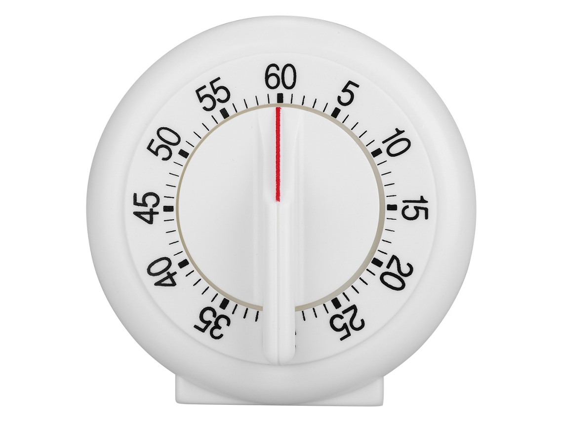 Reloj de cocina mecánico redondo con temporizador de 60 minutos y alarma.