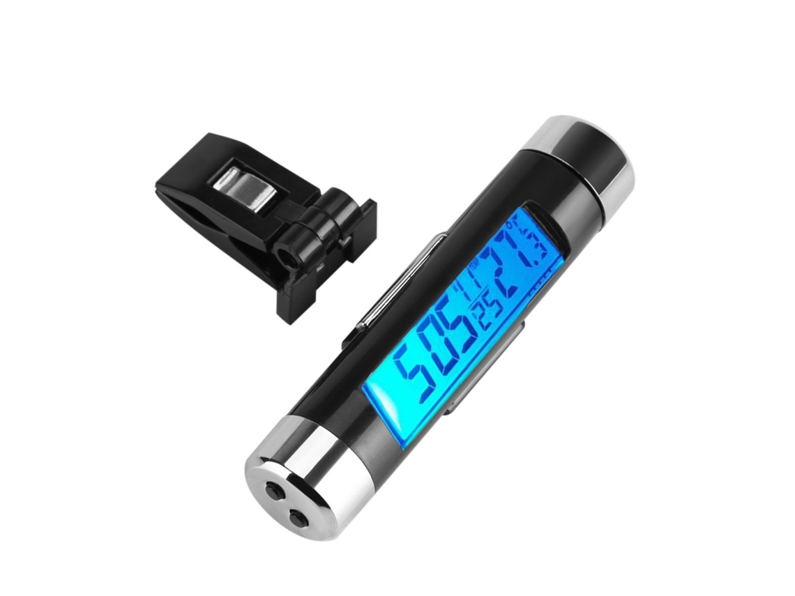 Termómetro digital con reloj para coche, con clip y pantalla LCD retroiluminada azul.