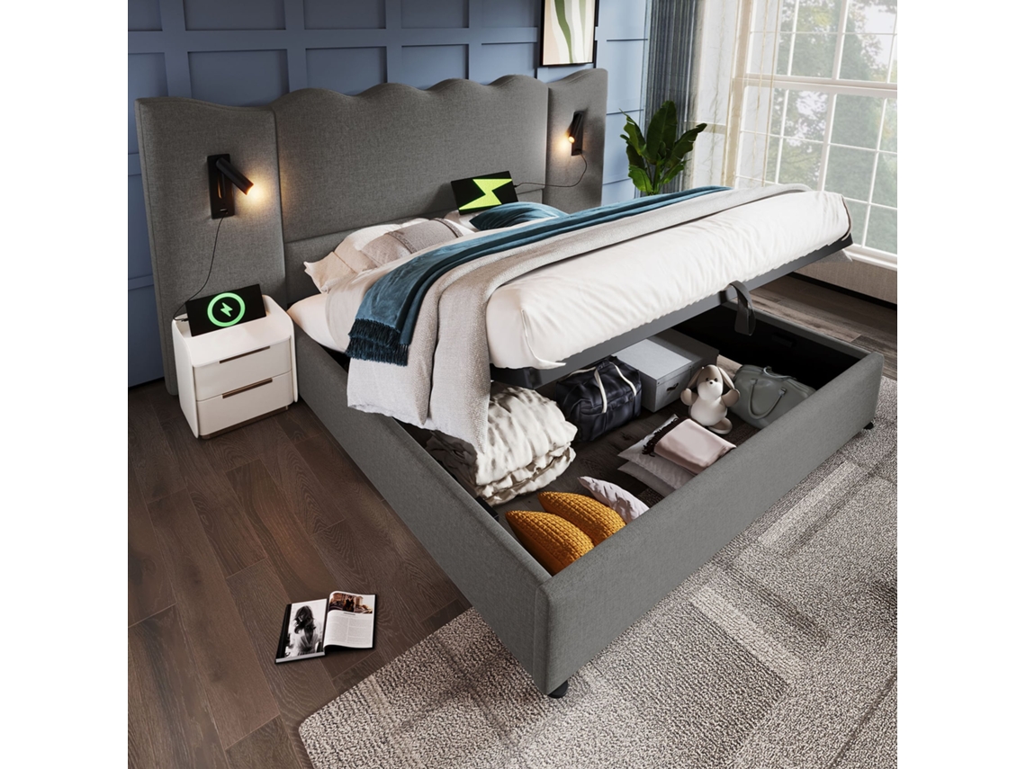 Cama Tapizada Doble 180x200 - Lámpara De Lectura, Carga Usb-c, Cama Con Almacenamiento, Somier De Madera Maciza Y Metal, Lino - Gris