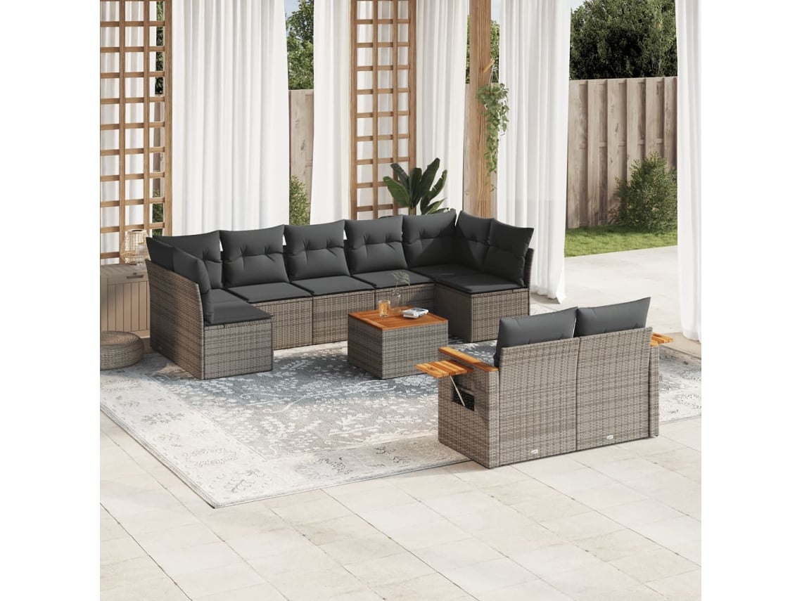 Conjunto de sofá de jardín de 10 piezas con cojines, ratán gris, DKD Home Decor