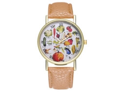 Reloj De Pulsera Unisex De Moda Con Correa De Piel Sintética Con Estampado De Frutas Beige.
