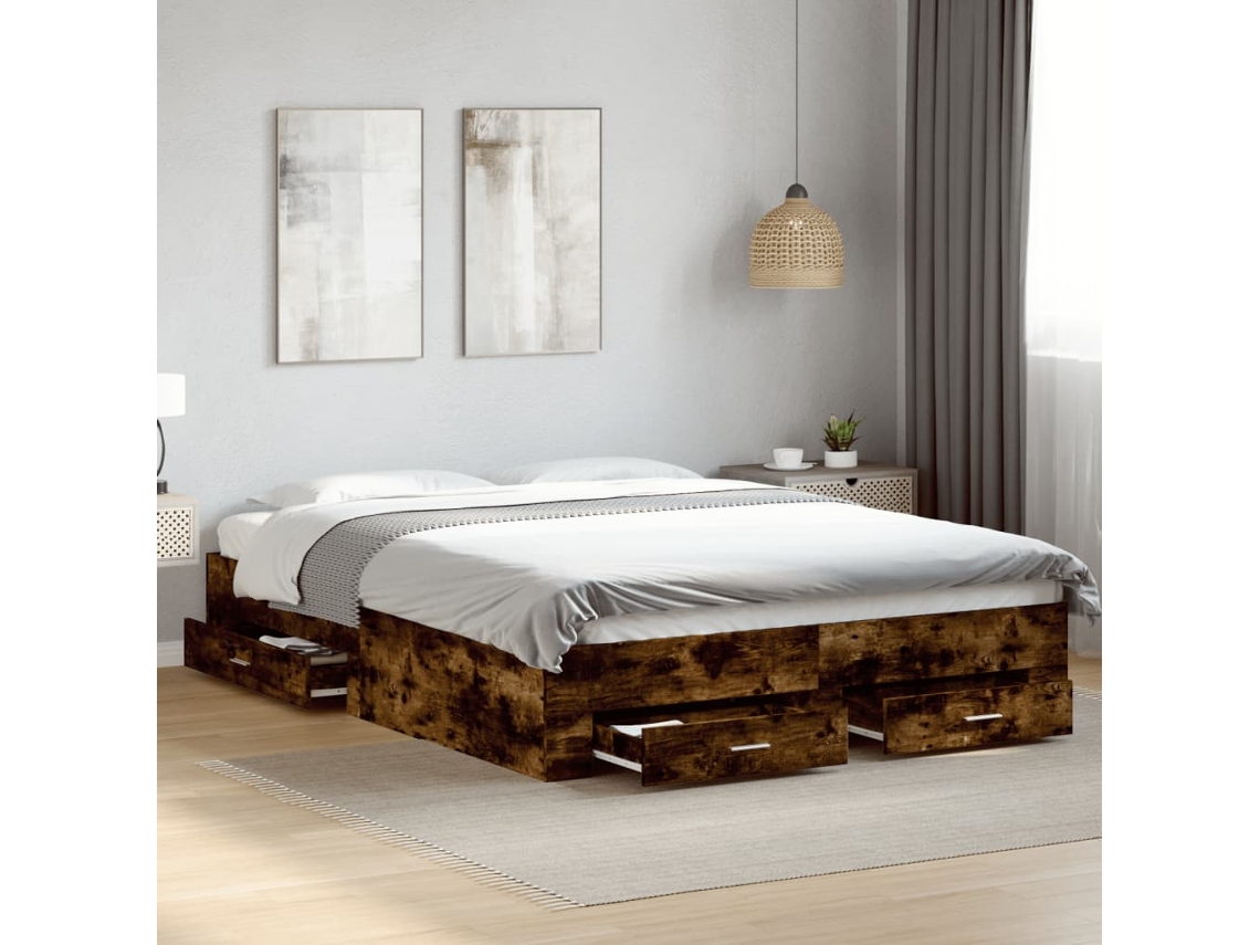 Cama Con Cajones Madera De Ingeniería Roble Ahumado 140x200 Cm