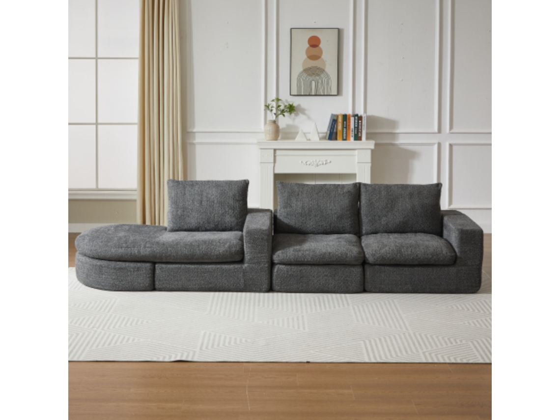 Sofá Modular 3 Plazas - Chenilla Curvada Con Chaise Longue, Sin Montaje - Gris
