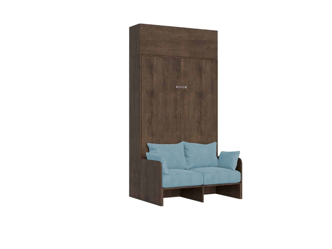 Cama Doble Plegable Francesa Kentaro De 140 Cm Con Sofá Y Mueble Alto De Nogal, Color Azul Claro