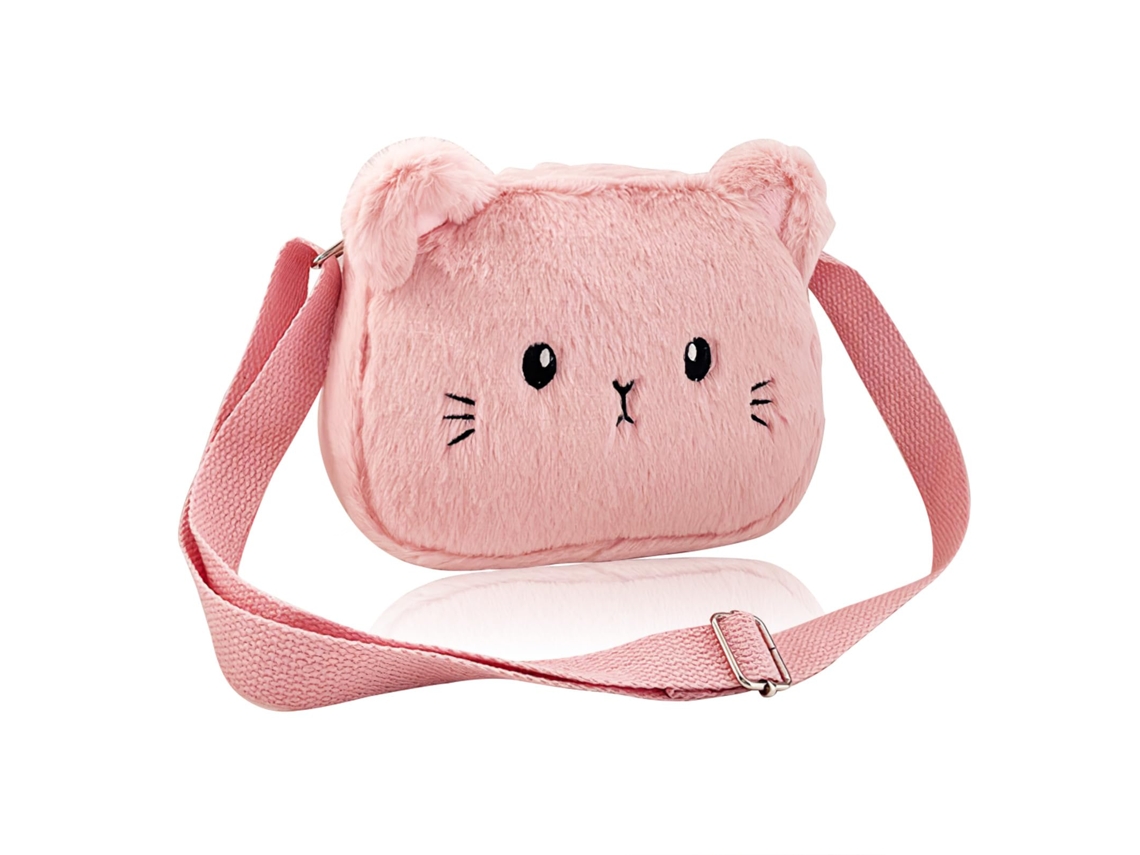 Bolso De Peluche Con Estampado De Gato - Bolso Bandolera Infantil En Poliéster - Rosa