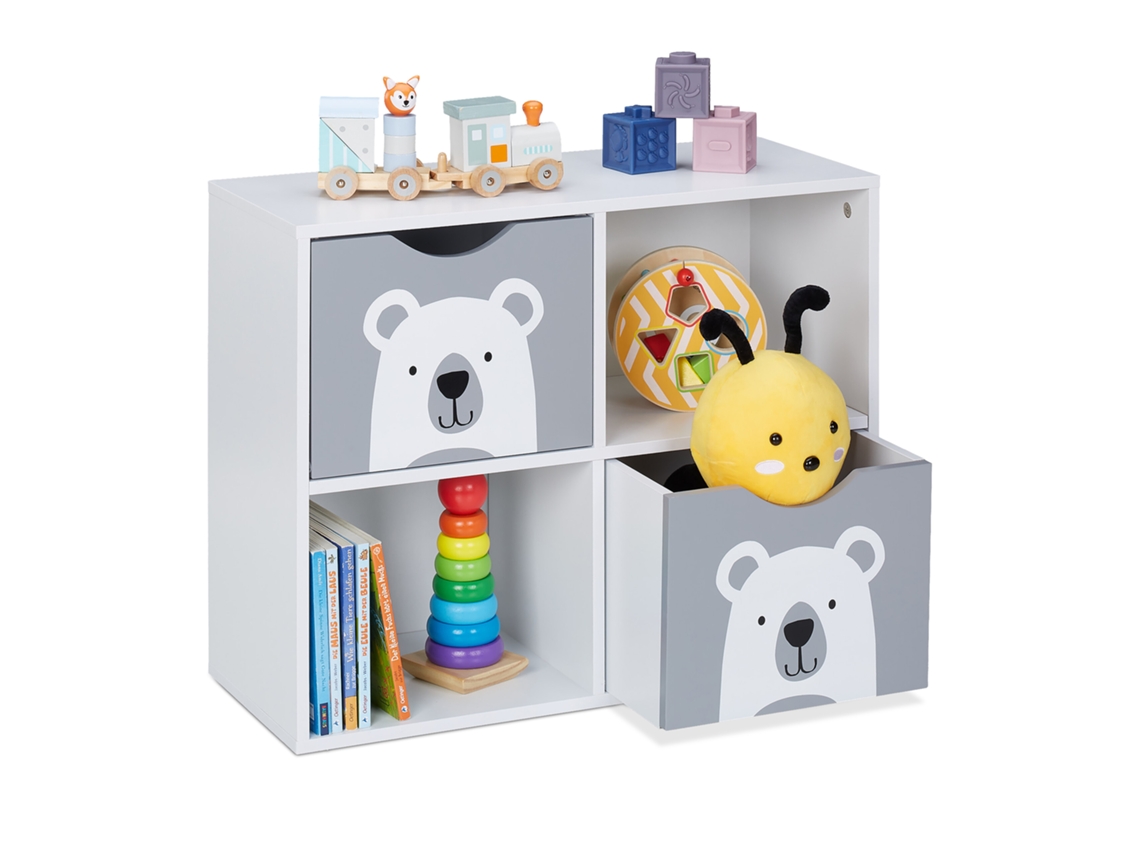 Relaxdays Estantería Infantil Con Osos, 48 X 60 X 24,5 Cm, Organizador Juguetes Cuarto Niños, Juguetero, Blanco Y Gris