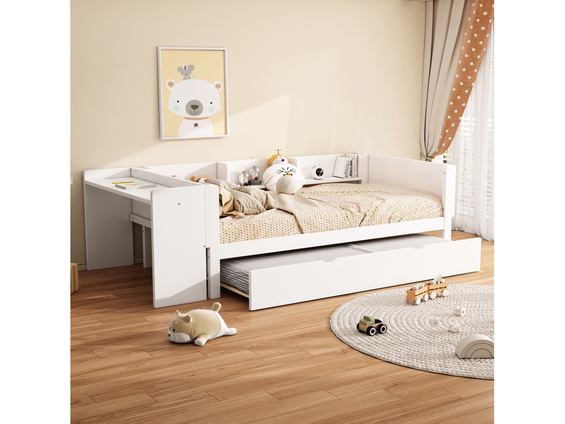 Cama Plegable De 90x200 Con Escritorio Y Estante Blanco.