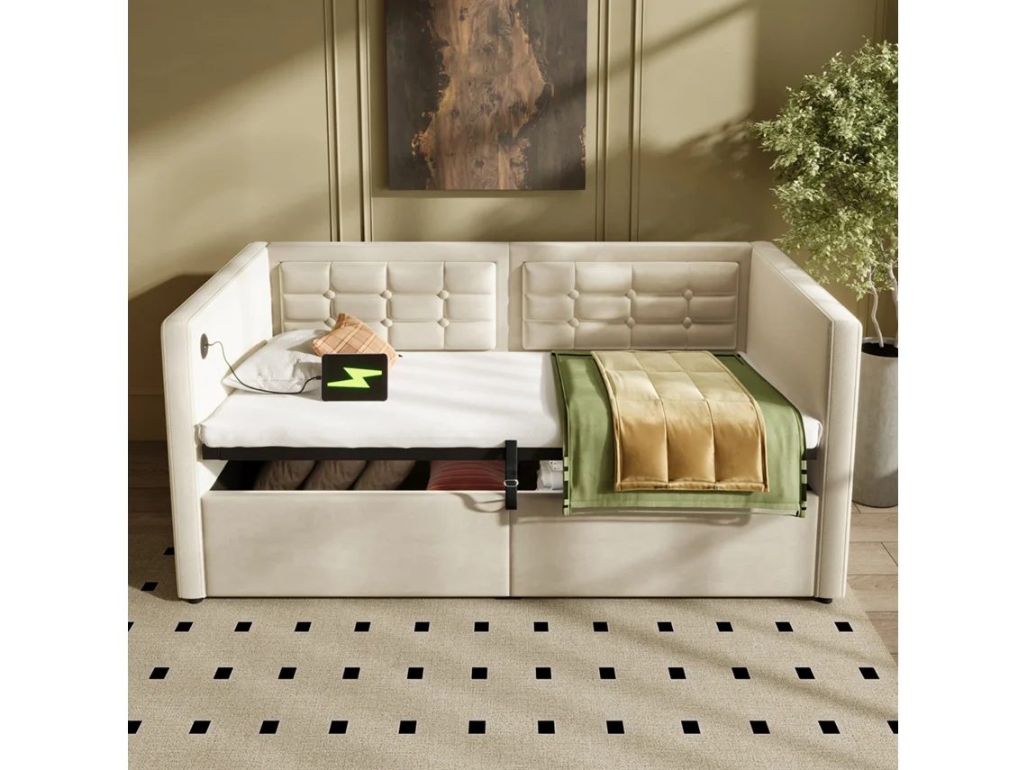 Sofá Cama Tapizado 90x200 Cm, Cama Individual Sofá Cama Con Almacenaje Hidráulico Y Estación De Carga Usb Y Tipo-c, Beige, Sin Colchón.