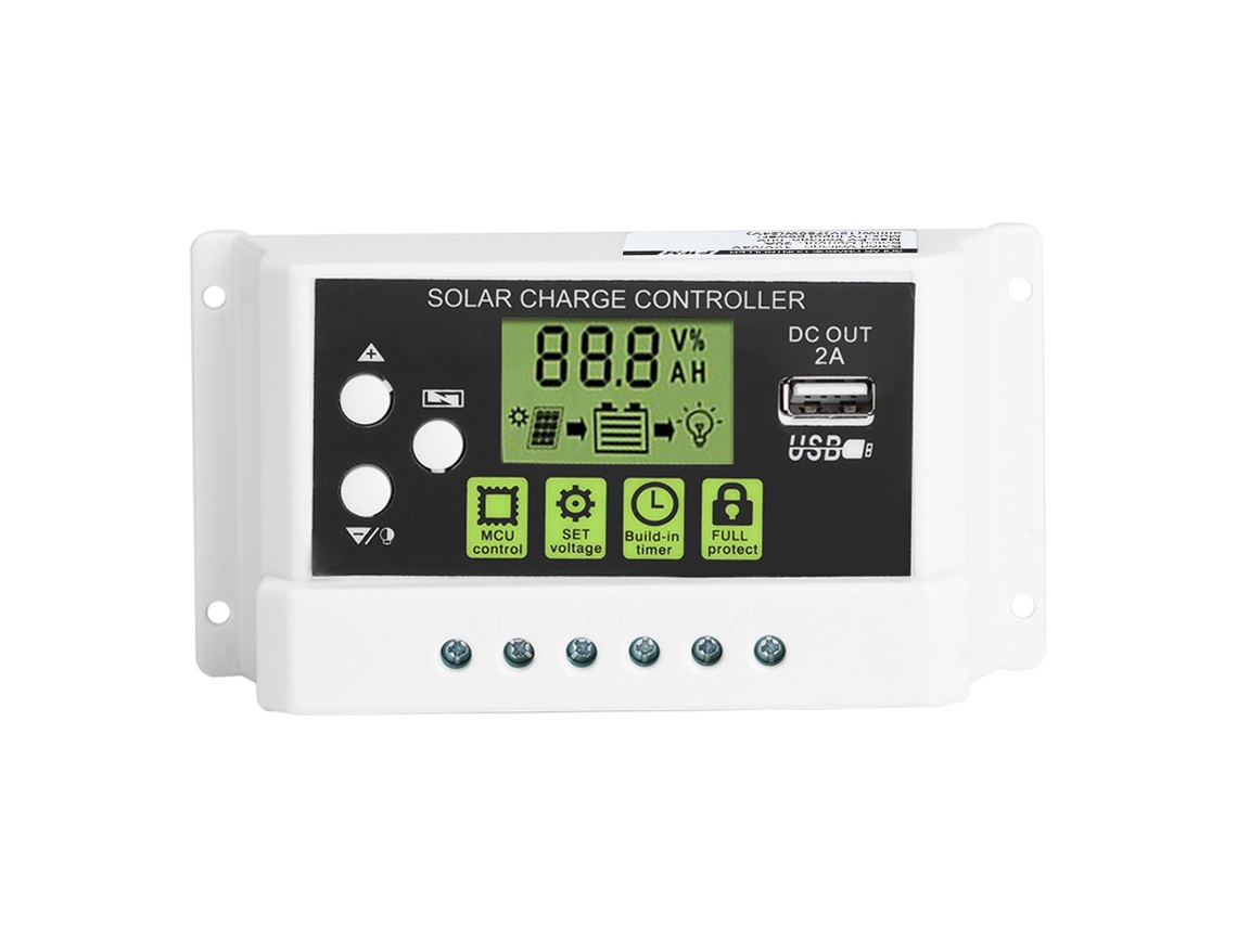 Controlador de carga solar inteligente Veloriskku-Smart PWM LCD 12V 24V 10A com regulador e saída USB KYZ-30A