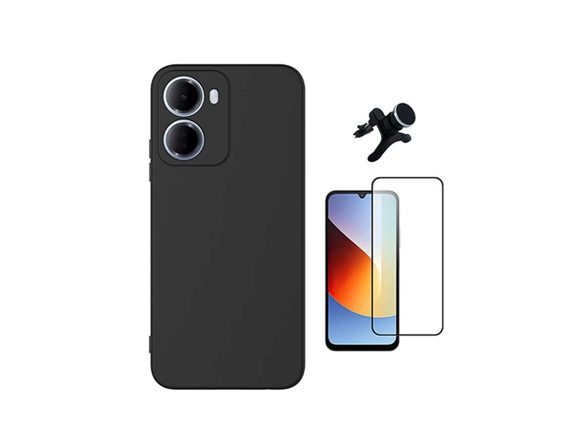 Kit De Película De Cristal Templado De Funda Completa 5d Funda De Silicona Líquida Soporte Coche Magnético Reforzado Phonecare Para Xiaomi Redmi 15a - Negro
