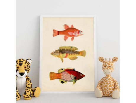 Póster NACNIC de Tres Peces Naranja, Amarillo, Verde y Rojo en , Fondo Papel Vintage.