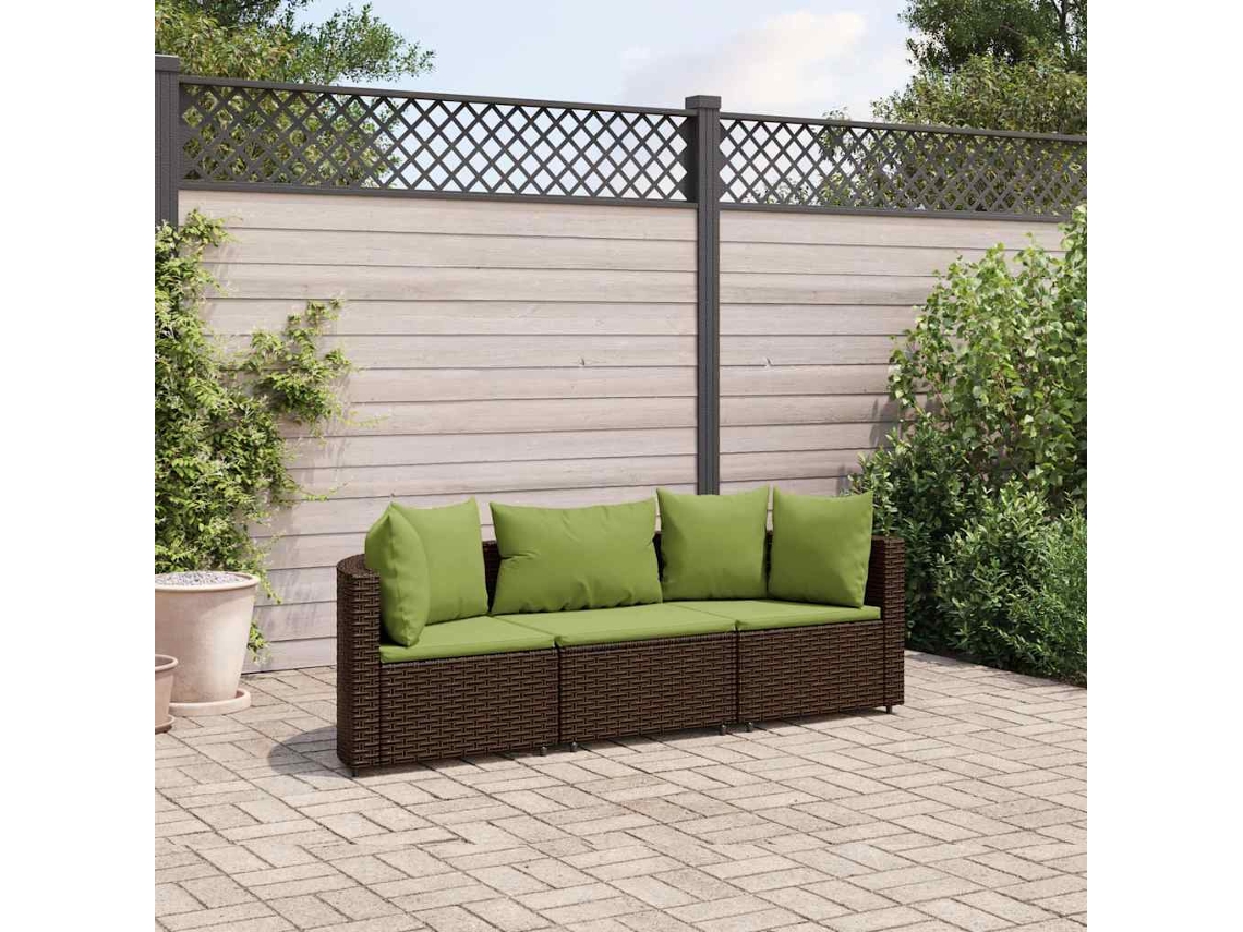 3 Pcs Conjunto Sofás De Jardím Com Almofadões Vime Pe Castanho Dkd Home Decor