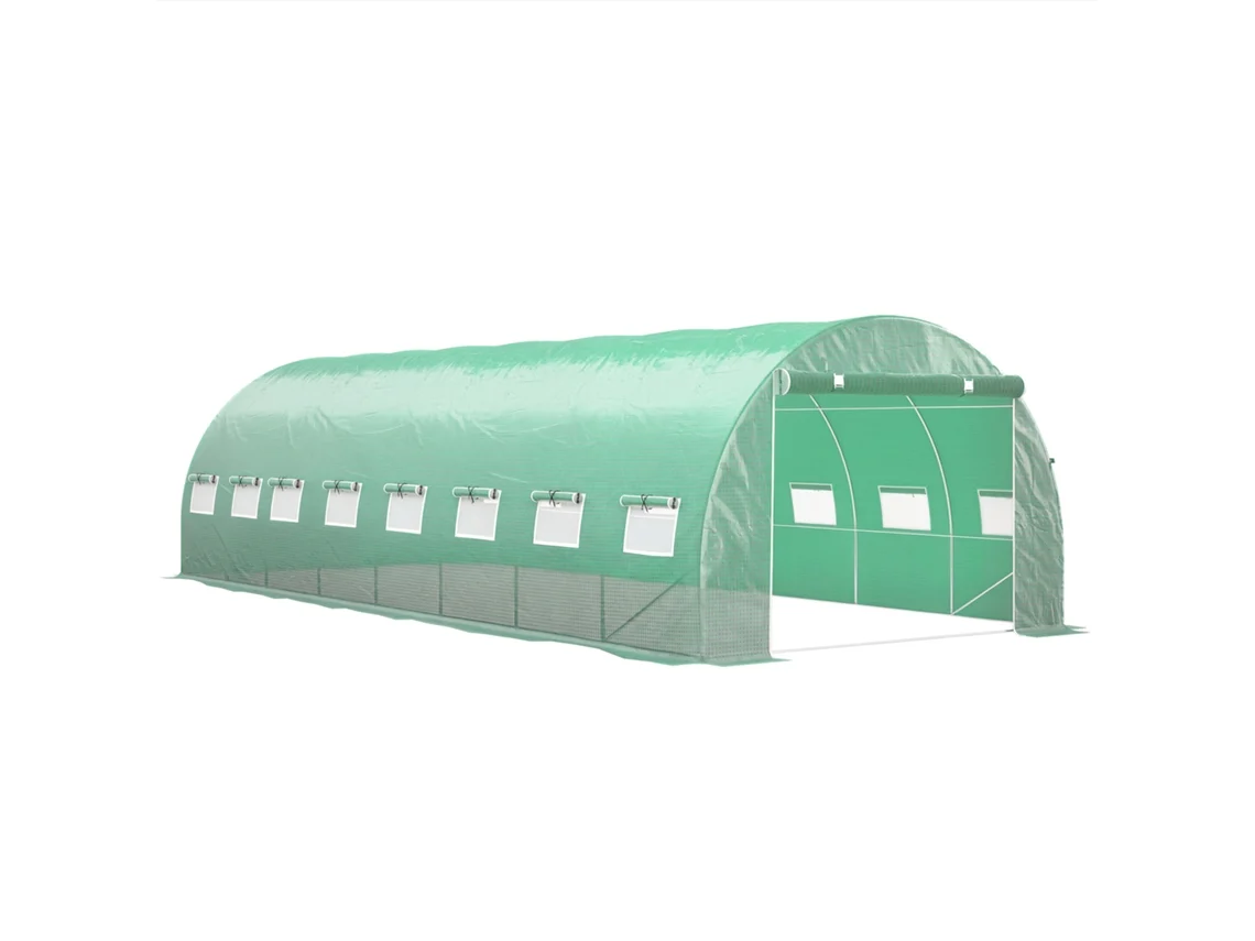 Invernadero tipo túnel de 24 m² (8x3x2 m), acero galvanizado, 16 ventanas, puerta con cremallera, patas verdes.