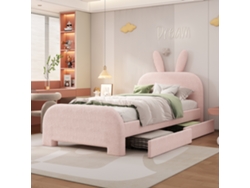 Cama Infantil De 90x200 Cm Con Diseño De Conejo, 2 Cajones, Tapizada En Rosa.