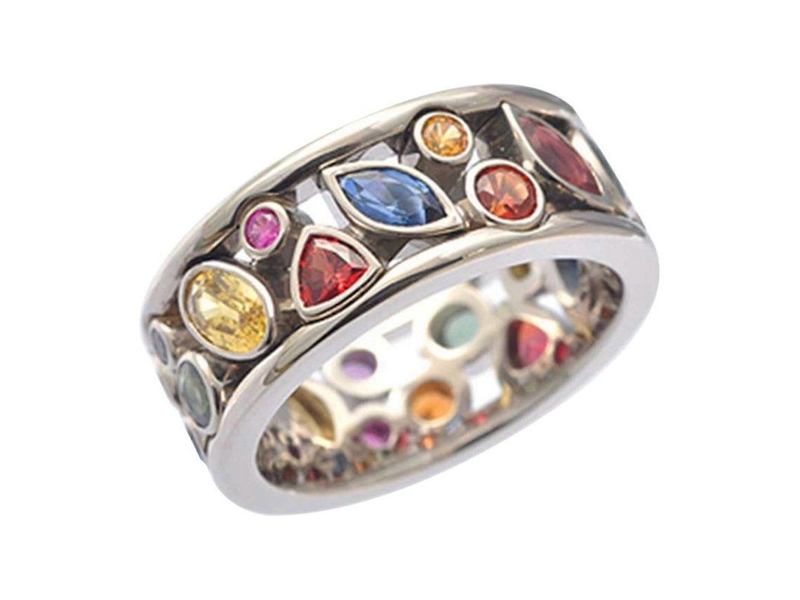 Anillo De Cristal Duradero Para Mujer, Patrón Geométrico Creativo Con Zircón Cubico Multicolor 9 Plata