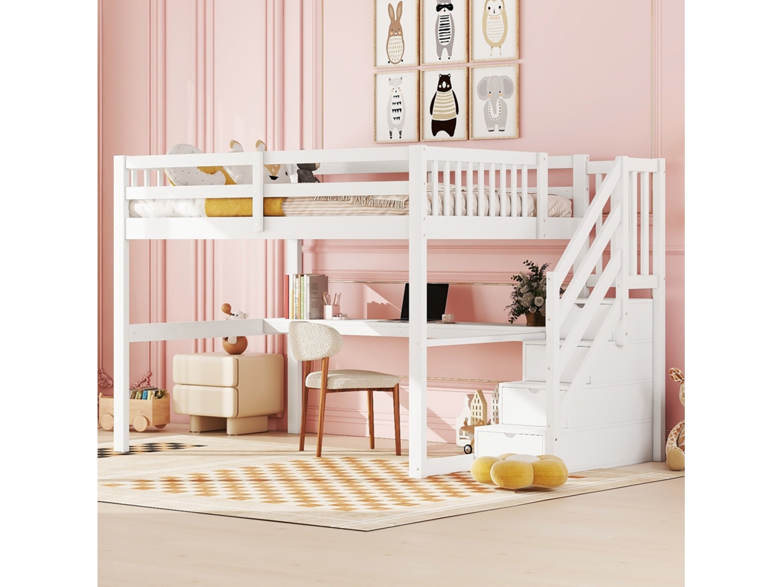 Cama alta infantil, 140x200, con almacenaje y cajones/escritorio debajo de la cama, color blanco.