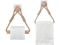 Juego de 2 Soportes Adhesivos para Papel Higiénico y Toallas en Cuerda y Madera KOFIHETY