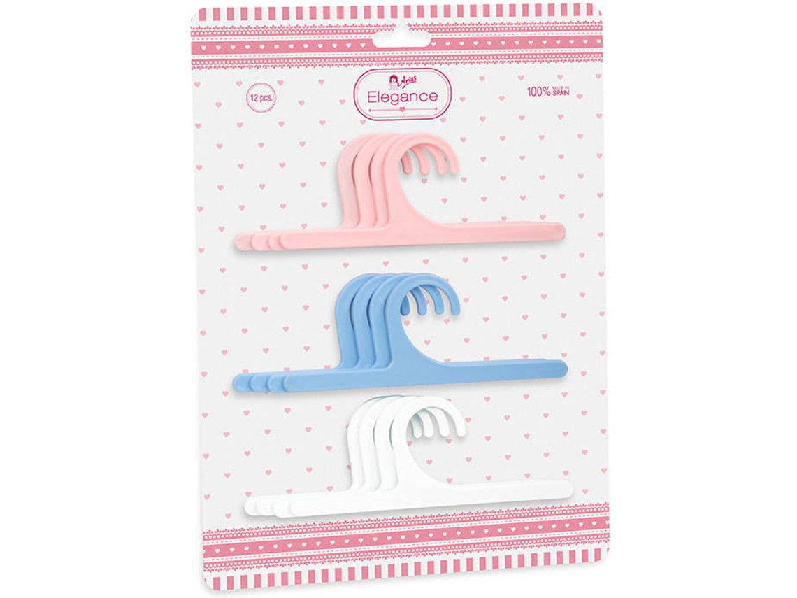 Ropa para Muñecas ARIAS Set de 12 Perchas - Rosa, Azul, Blanco (21 x 26 x 1 cm)