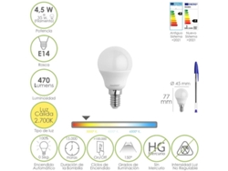 Bombilla led esferica rosca e14 4.5 watt. equivale a 35 watt. 470 lumenes. luz cálida (00  k)