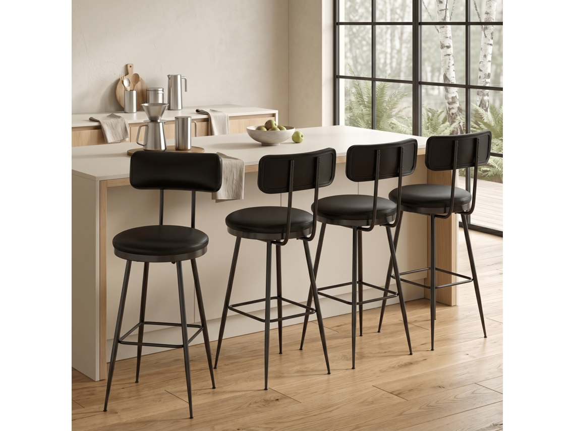 Banquetas De Bar Con Reposapiés De Metal, Conjunto De 4 Sillas Para Mostrador Con Respaldo Curvo Y Tapizado Suave, Negro 85,5x38x39,7 Cm