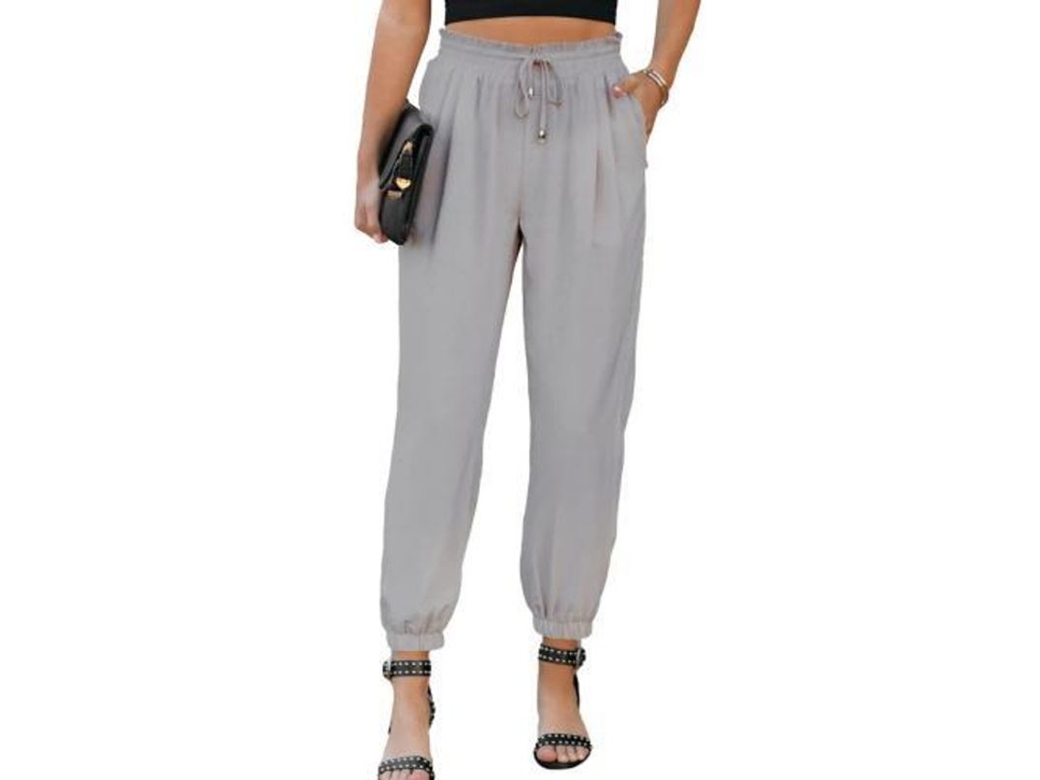 Pantalones Casuales De Lino Para Mujer Con Cinturón Elástico, Cintura Alta, Corte Relajado Y Bolsillos Cómodos.