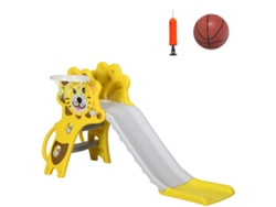 Tobogán Infantil Con 2 Escaleras, Aro De Baloncesto, Estampado De León, 131x50x74cm, Amarillo Y Gris.