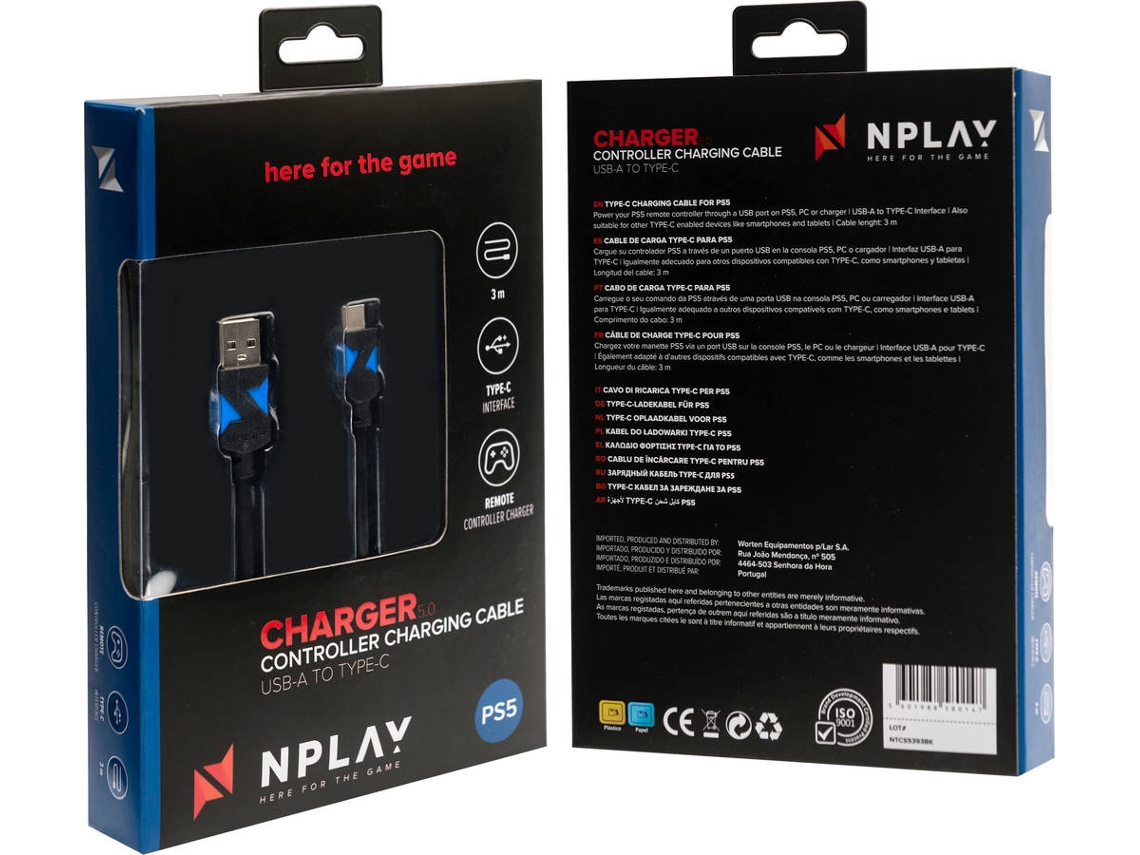 Cable NPLAY Charge 5.0 (PS5 - USB-A - USB-C - 3m - Blanco)