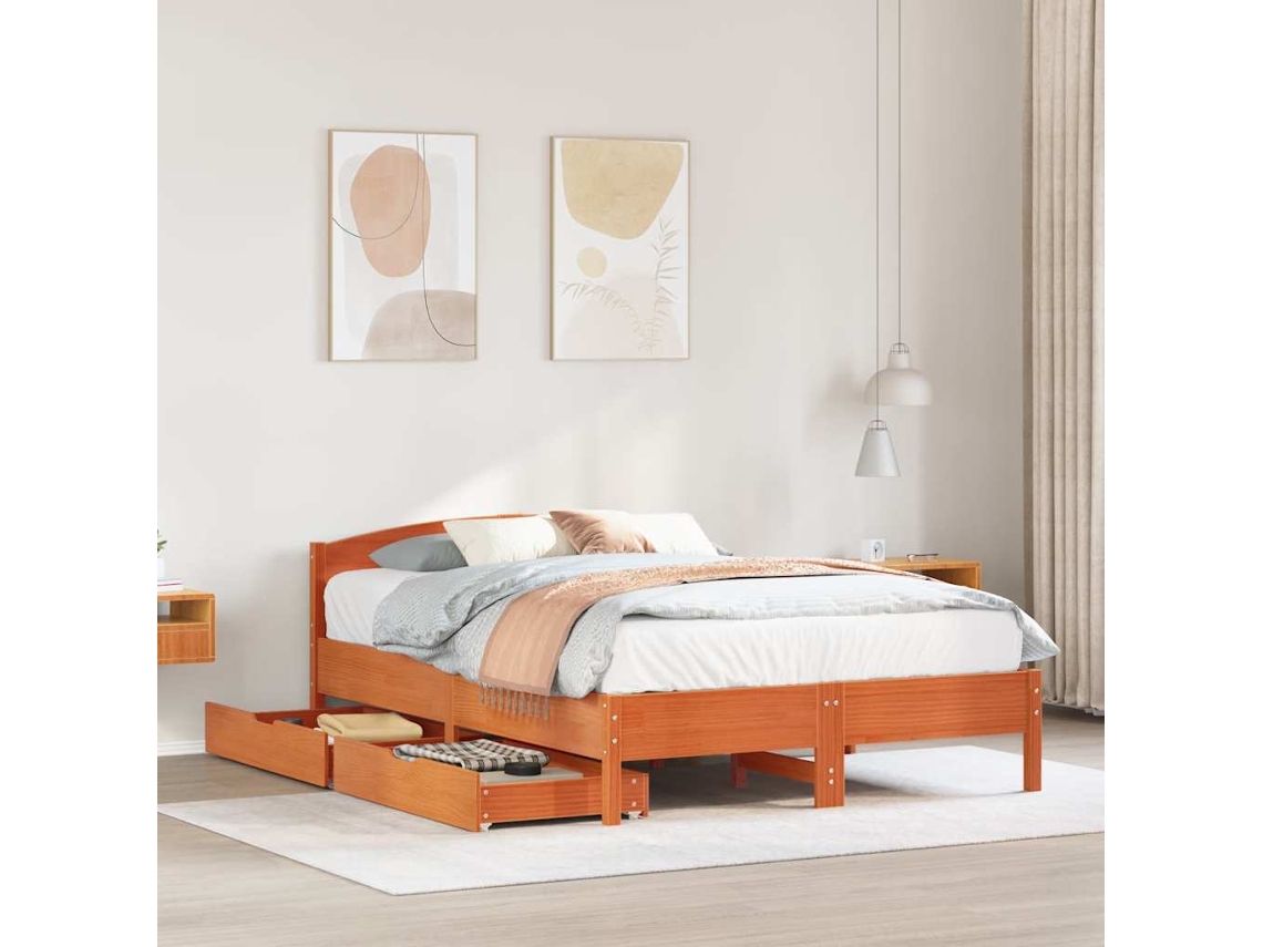 Cama Sin Colchón Madera Maciza De Pino Marrón Cera 140x190 Cm
