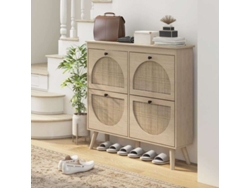 Zapatero con 4 puertas abatibles para 20 pares, estante ajustable, estilo bohemio, patas de madera maciza, 105 × 24 × 97,5 cm, color natural.