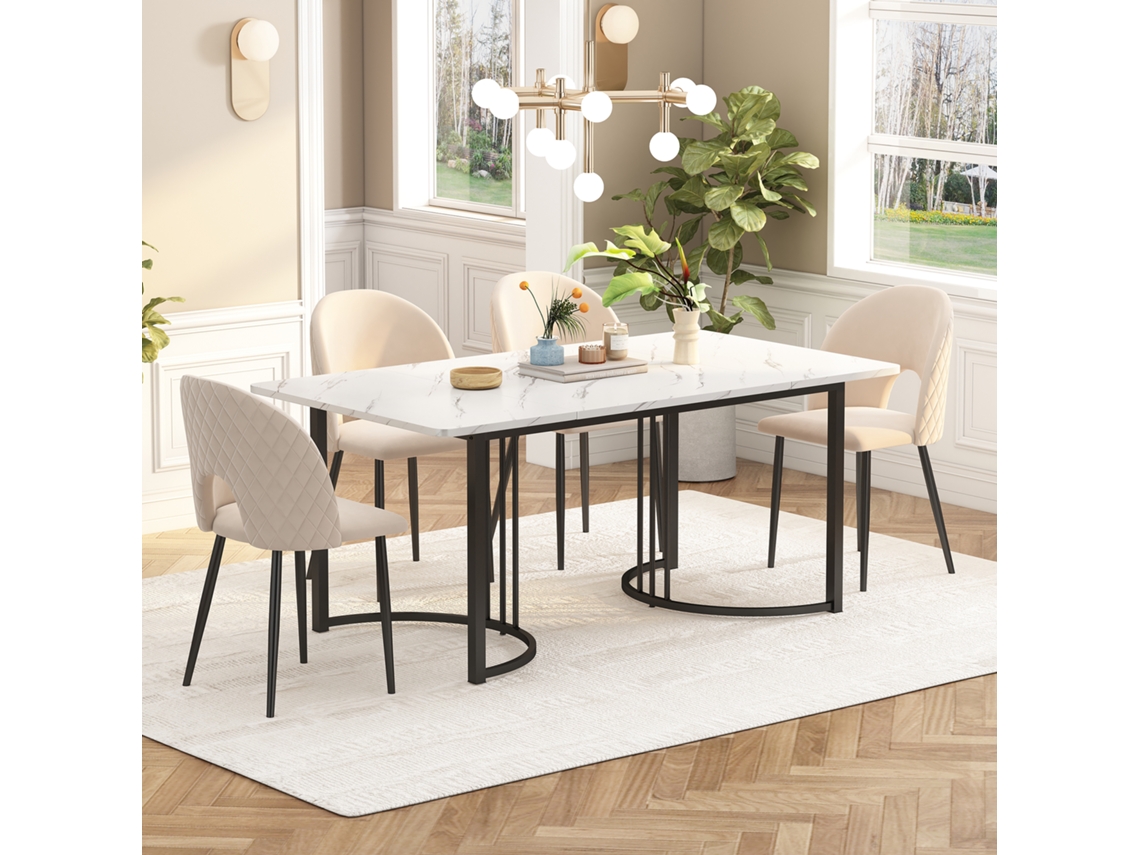Juego De Comedor De 140x80cm, 4 Sillas, Terciopelo Beige, Diseño De Rombos, Ajustables, Mdf Blanco Y Negro.