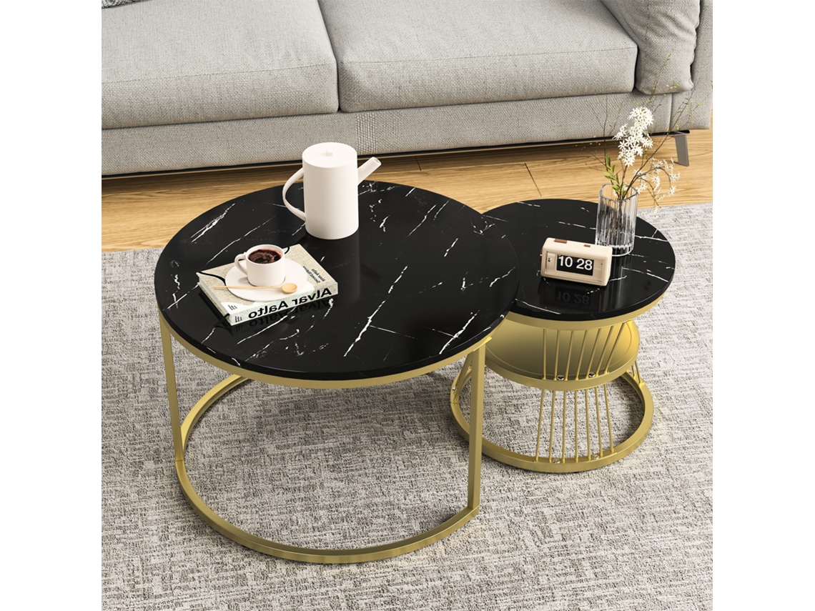 Juego De Dos Mesas De Centro Apilables, Efecto Mármol Negro Con Patas Doradas, Diseño Moderno Y Elegante.