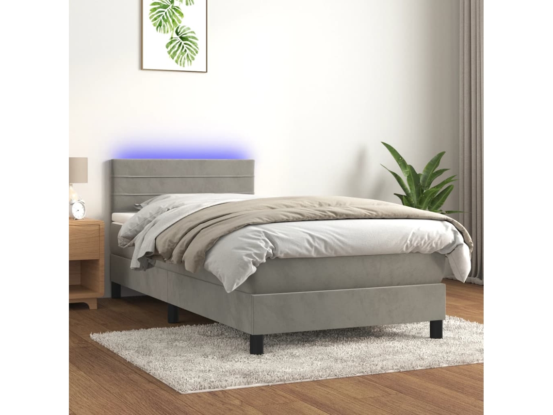 Cama Box Spring Colchón Y Led Terciopelo Gris Claro 90x190 Cm