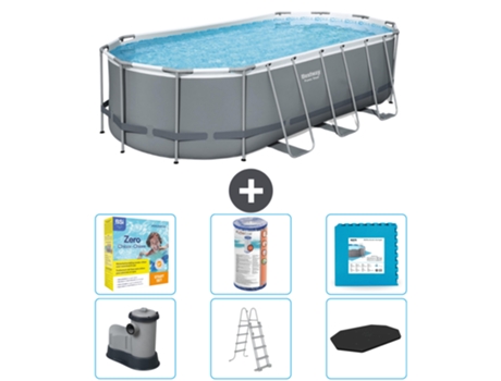 Piscina BESTWAY Oval Power Steel - 549 x 274 x 122 - Gris - Incluye bomba - Escalera - Cobertor Paquete de mantenimiento - Filtrar - Baldosas