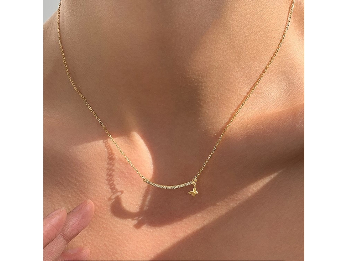 (oro) Collar Con Colgante De Mariposa Sonriente De Plata De Ley 925 Con Cara De Mariposa Sonriente Curvada, Dulce Y Elegante.