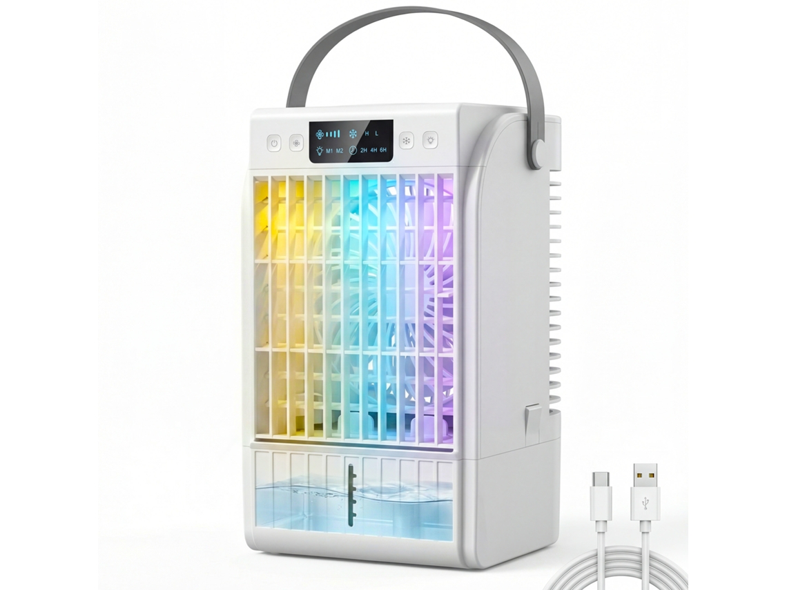 Mini Aire Acondicionado Portátil 4 En 1, 4 Velocidades, 2 Modos Nebulización, Luz Rgb, Blanco