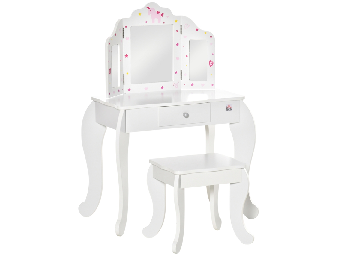 Tocador Infantil Con Espejo Ajustable, Cajón Y Taburete, Color Blanco, Para Niños De 3 A 6 Años.