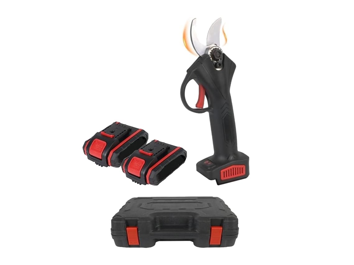 Tijeras de podar eléctricas Klack de 48 V - 2 baterías, hoja de acero SK5, corte progresivo de 30 mm y maletín de transporte.