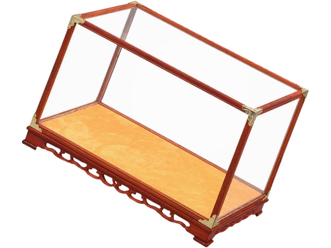 Vitrina De Cristal Transparente Con Soporte De Madera Maciza Roja, Dimensiones 19 X 14 X 14 Cm.