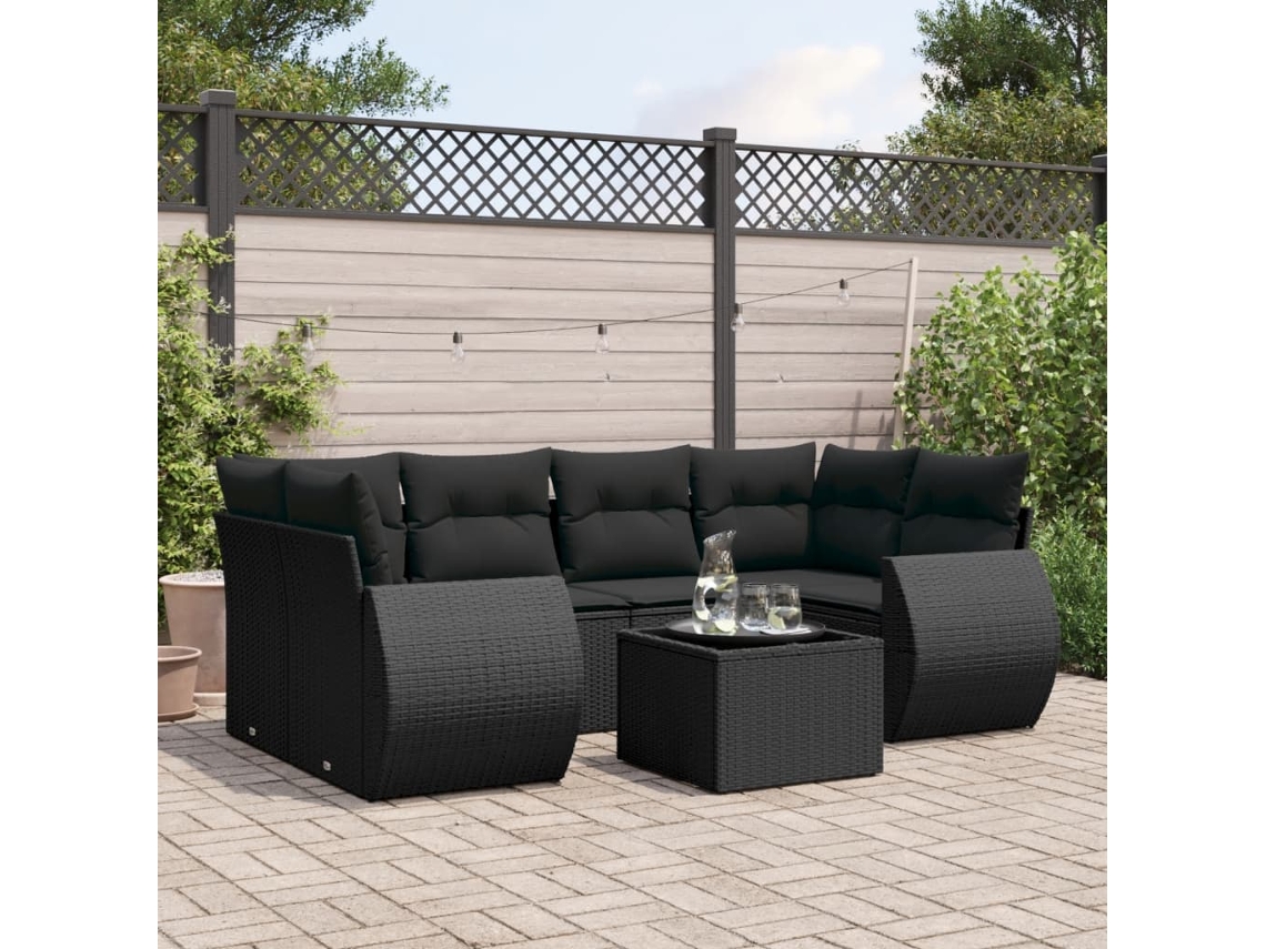 Conjunto de sofá de jardín de 7 piezas con cojines de mimbre negro de DKD Home Decor