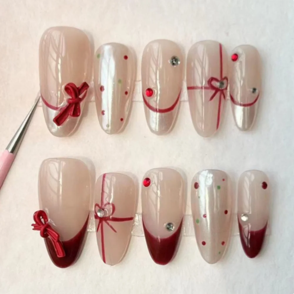 (282-xs) Paquete De 10 Parches De Uñas Postizas Ovaladas Hechas A Mano De Longitud Media