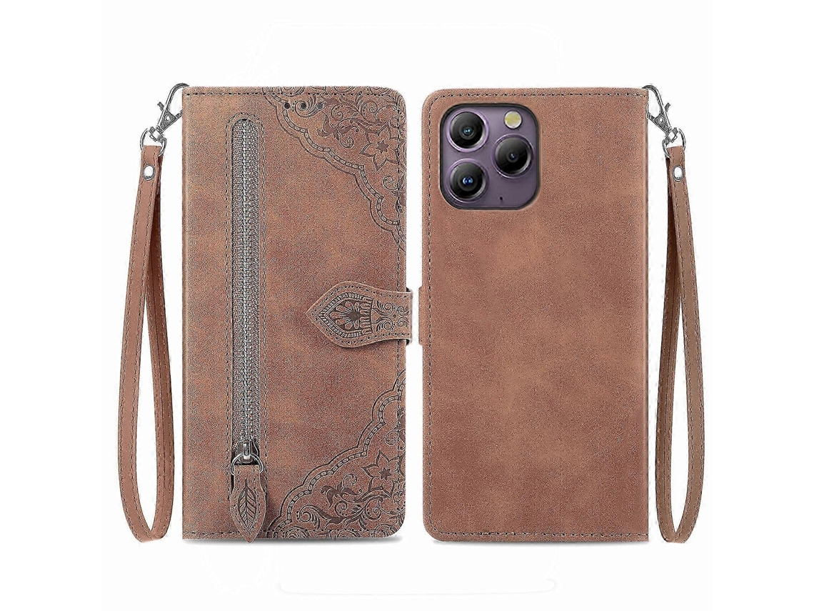 Brown2026 Embossed Flower Zipper Leather Phone Case For Blackview A96