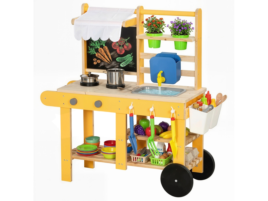Cocina Infantil De Madera Con Ruedas, Agua Corriente, Fregadero Y Estufa Amarilla.