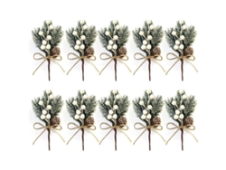 2026altiro-10 Pequeños Ramos Navideños De Bayas Blancas (15 Cm) Con Piñas, Acebo Y Corona De Flores Navideñas Artificiales.