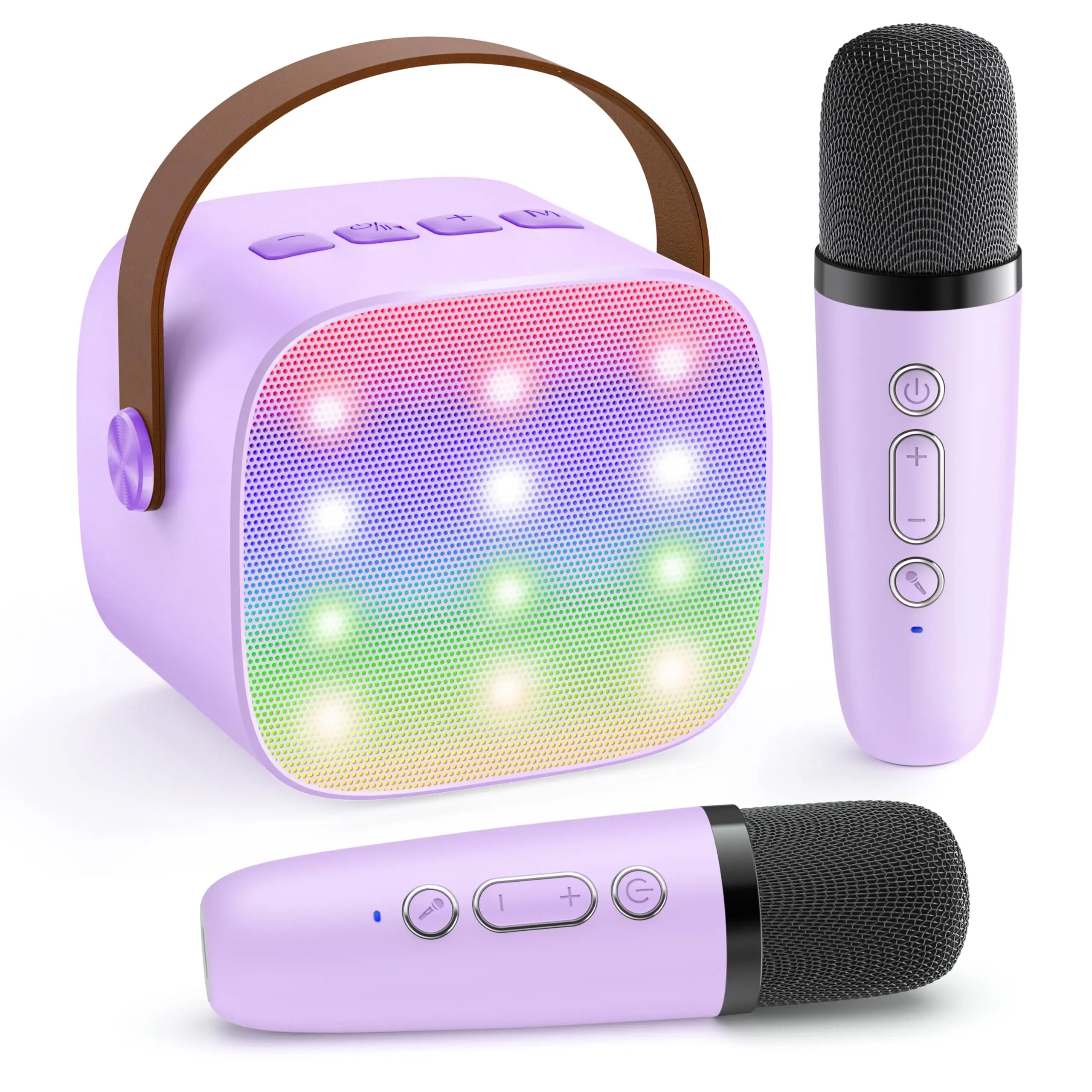 Mini máquina de karaoke portátil MDUG con Bluetooth 5.3 (morada, 2 micrófonos)